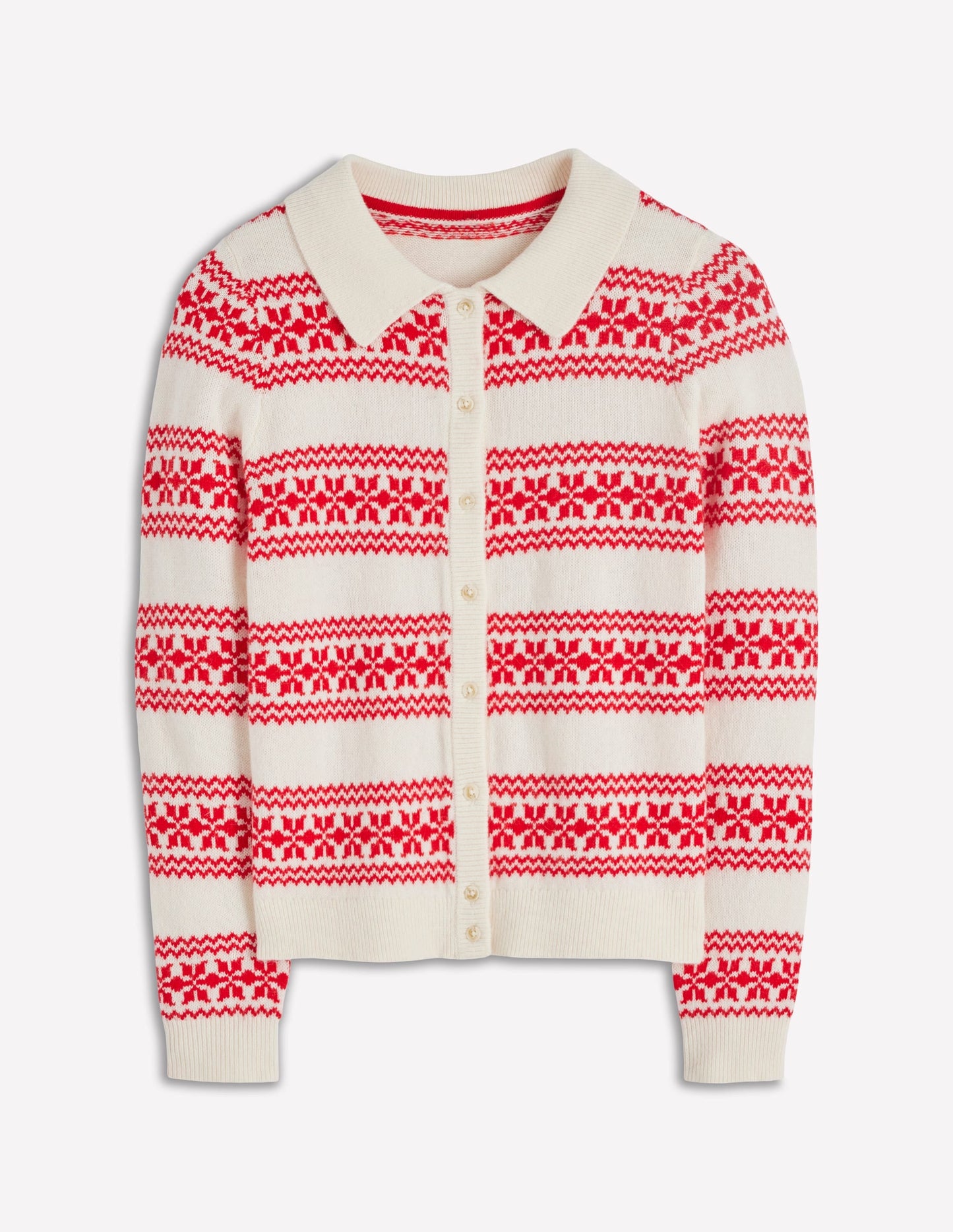 Edie Fair Isle Knitted Shirt-Warm Ivory, Red Fair Isle