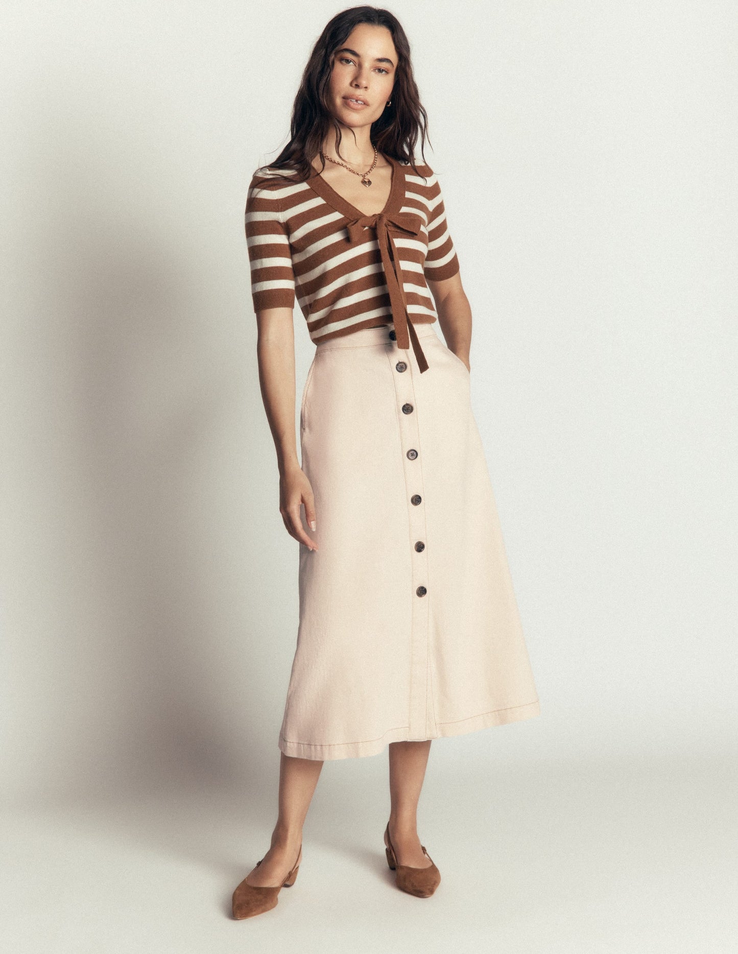 Val Button Denim Midi Skirt-Ecru