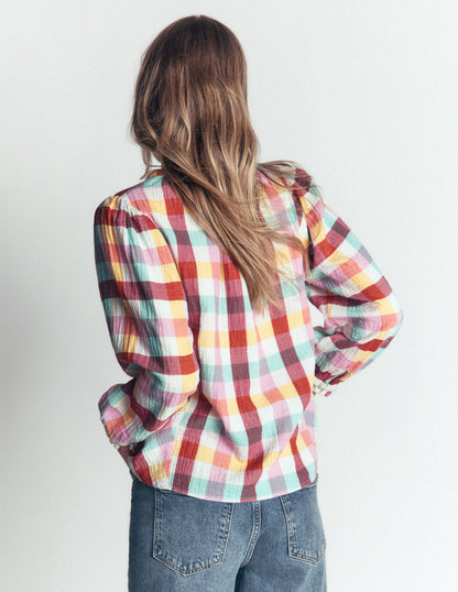 Camille Double Cloth Top-Ivory, Pink, Red Multi Gingham