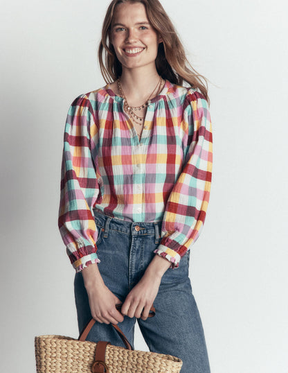 Camille Double Cloth Top-Ivory, Pink, Red Multi Gingham
