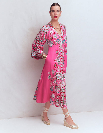 Nell Kimono Midi Jersey Dress-Pink, Blossom Elegance