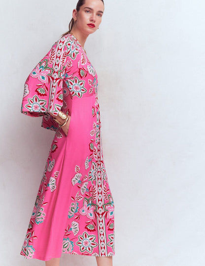 Nell Kimono Midi Jersey Dress-Pink, Blossom Elegance