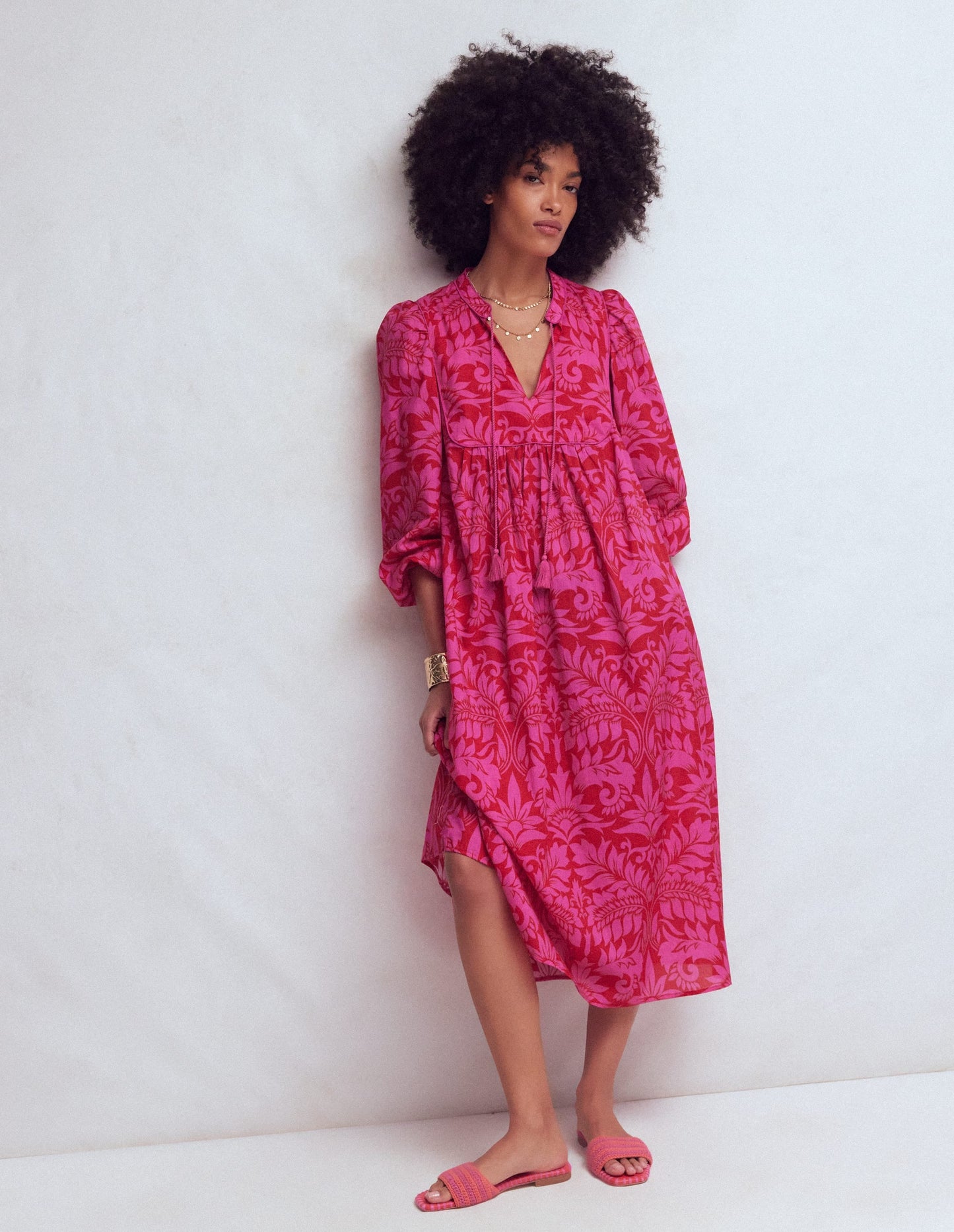Boho Tie Neck Kaftan-Red Ornamental Foilage