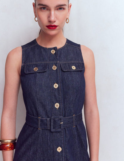 Gold Button Denim Midi Dress-Indigo