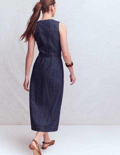 Gold Button Denim Midi Dress-Indigo