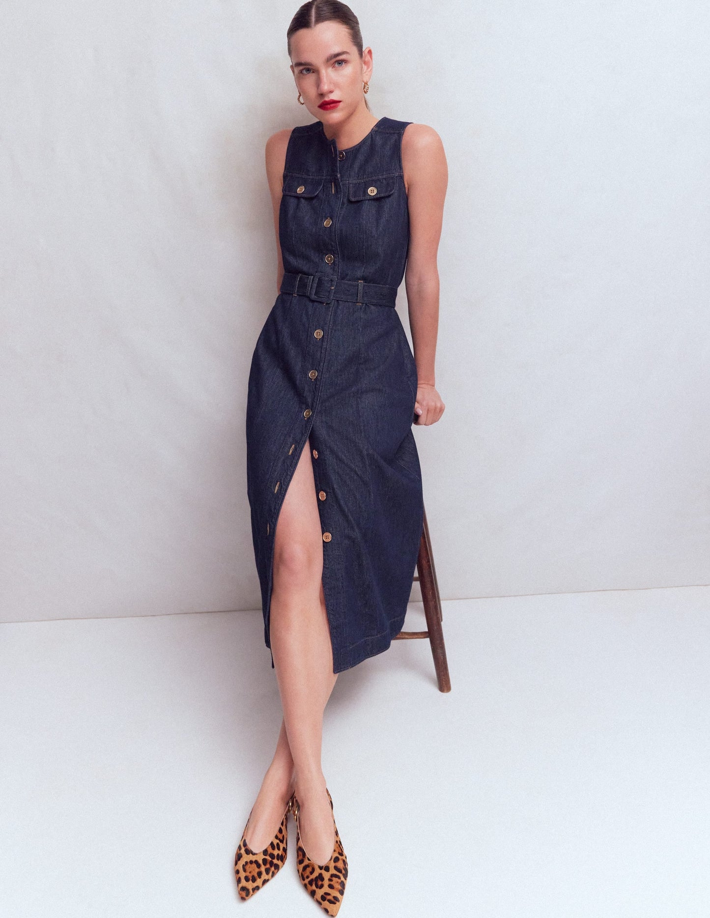 Gold Button Denim Midi Dress-Indigo