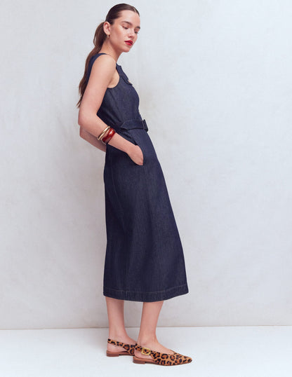 Gold Button Denim Midi Dress-Indigo