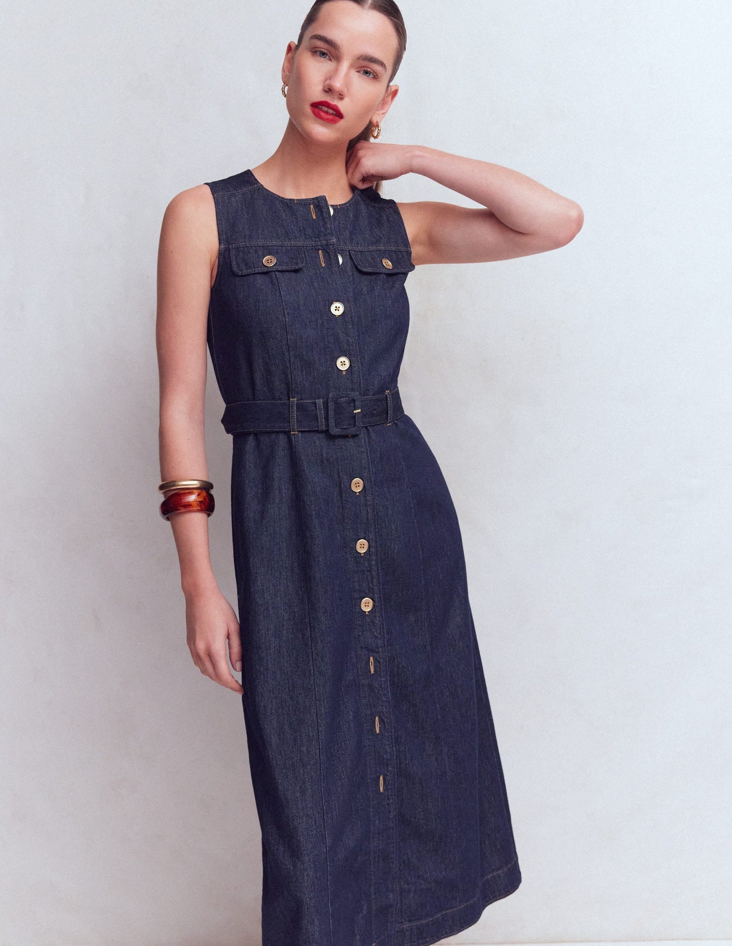 Gold Button Denim Midi Dress-Indigo
