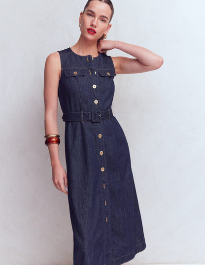 Gold Button Denim Midi Dress-Indigo