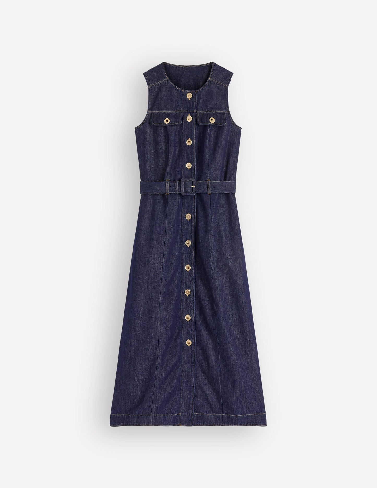 Gold Button Denim Midi Dress-Indigo
