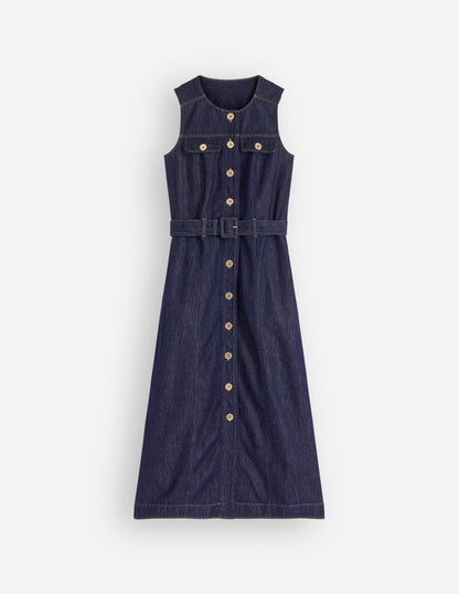 Gold Button Denim Midi Dress-Indigo