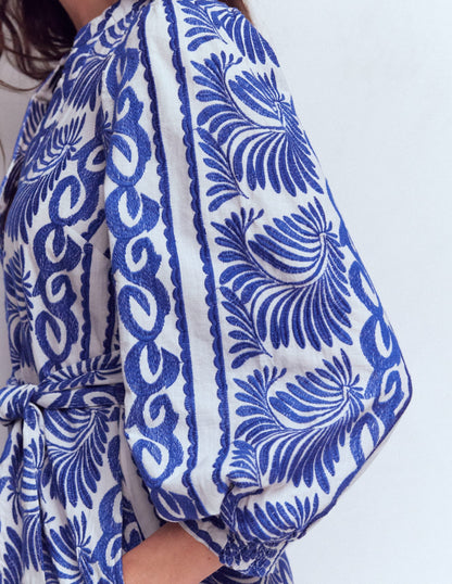 Octavia Cotton Dress-Blue Ivory Embroidery