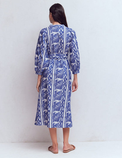 Octavia Cotton Dress-Blue Ivory Embroidery