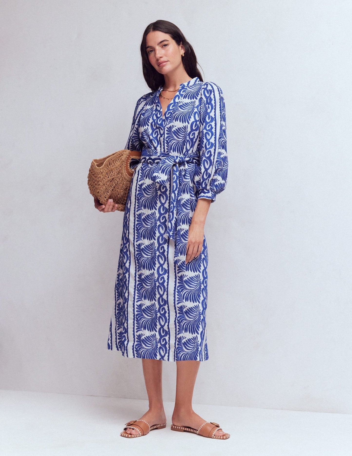 Octavia Cotton Dress-Blue Ivory Embroidery