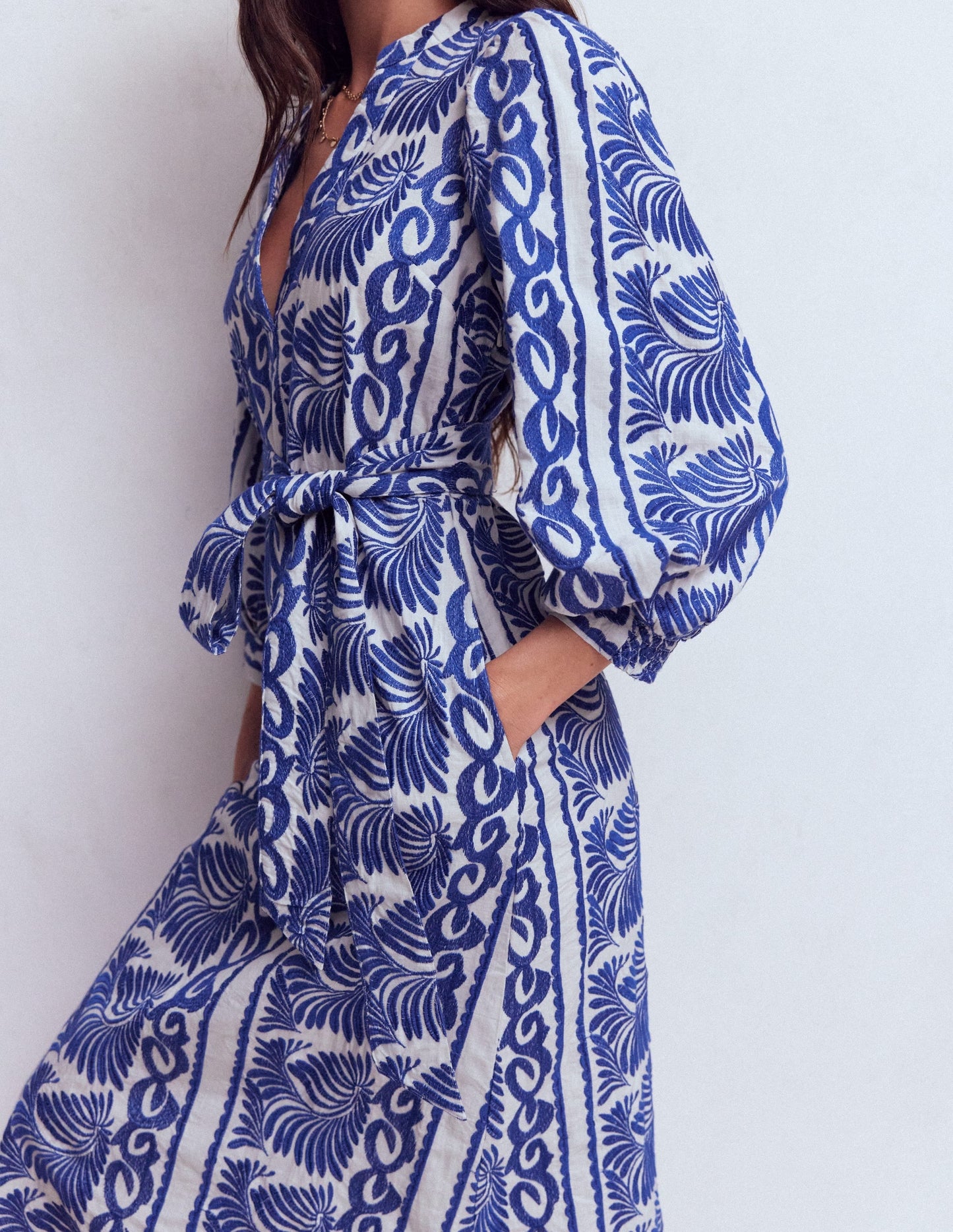 Octavia Cotton Dress-Blue Ivory Embroidery