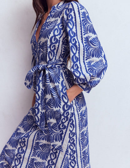 Octavia Cotton Dress-Blue Ivory Embroidery