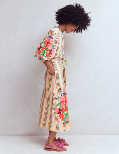 Octavia Cotton Dress-Multi Embroidery Stripe