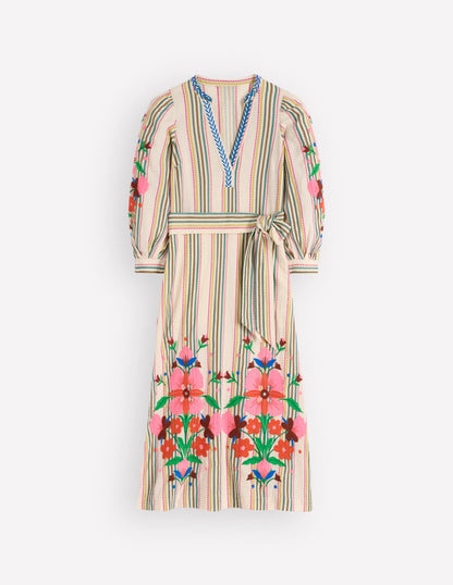 Octavia Cotton Dress-Multi Embroidery Stripe