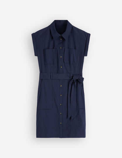 Short Belted Shirt Dress-Navy
