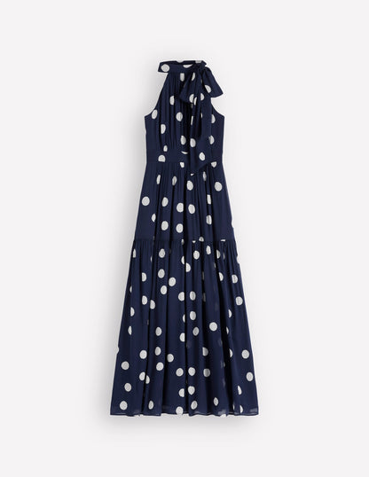 Roisin Tie Neck Maxi Dress-Navy Painted Dot Spaced