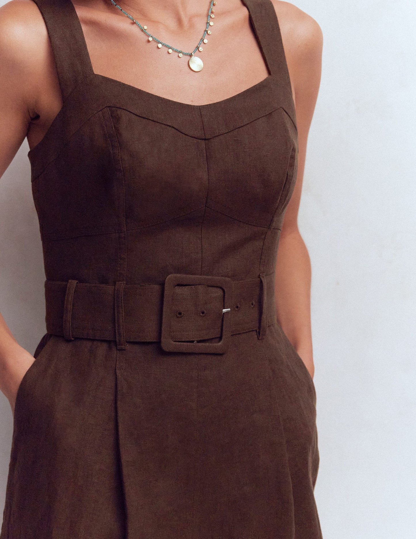 Panelled Bodice Linen Jumpsuit-Bitter Chocolate