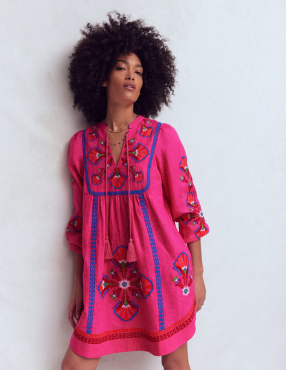 Pia Linen Blend Yoke Dress-Pink Embroidery