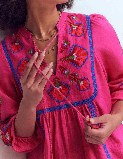 Pia Linen Blend Yoke Dress-Pink Embroidery