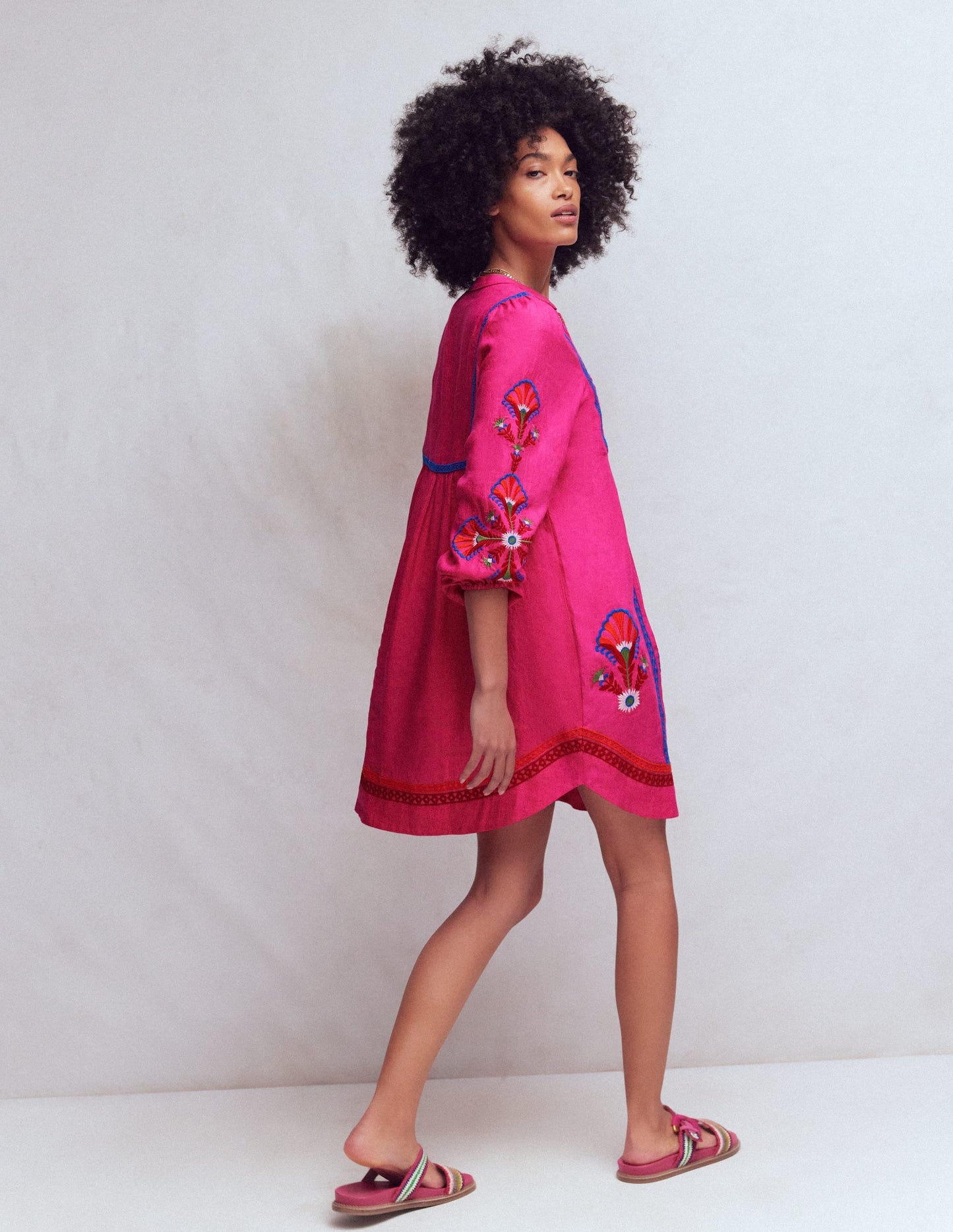 Pia Linen Blend Yoke Dress-Pink Embroidery