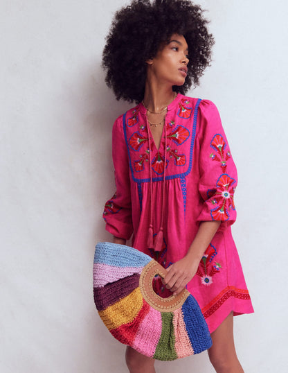 Pia Linen Blend Yoke Dress-Pink Embroidery