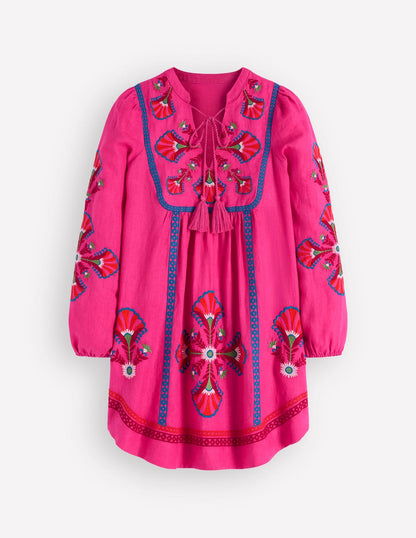 Pia Linen Blend Yoke Dress-Pink Embroidery