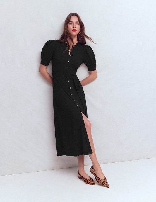 Puff Sleeve Ponte Shirt Dress-Black