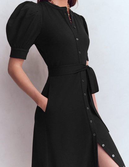 Puff Sleeve Ponte Shirt Dress-Black