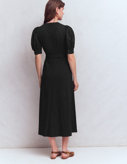 Puff Sleeve Ponte Shirt Dress-Black