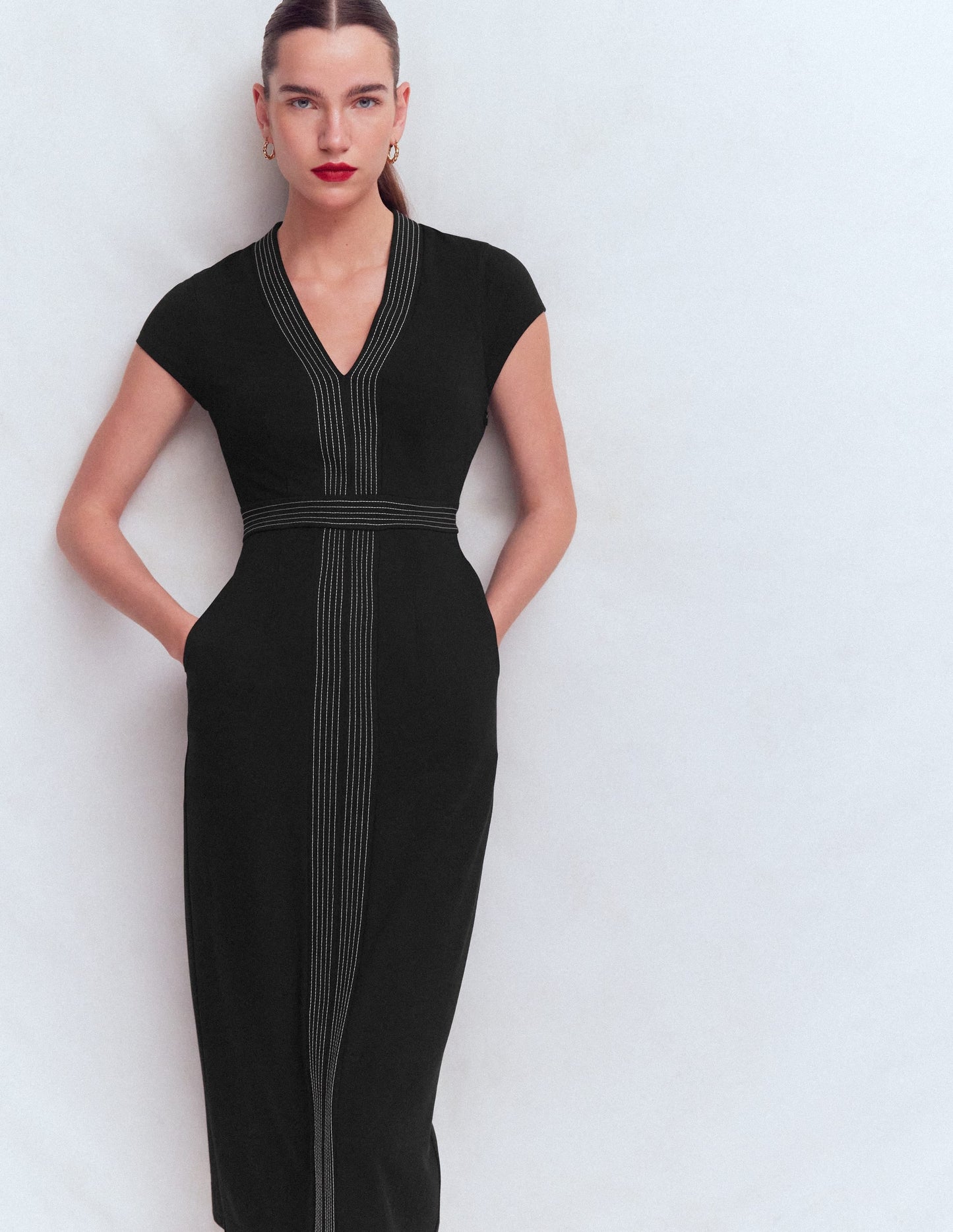 Topstitch V-neck Ponte Dress-Black