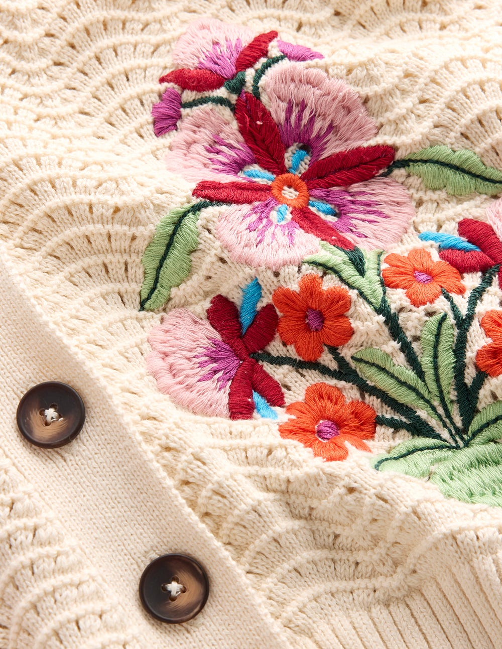 Relaxed Cotton Stitch Cardigan-Ivory, Embroidery