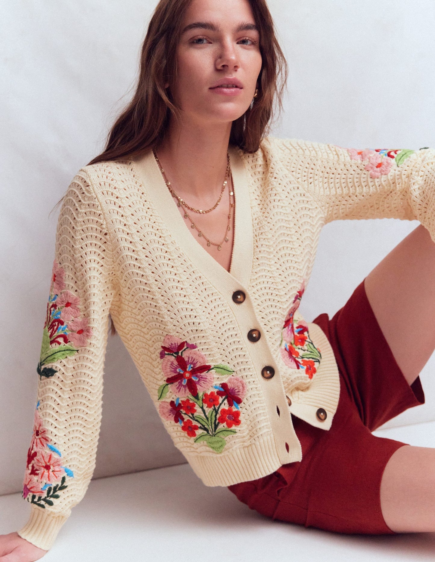 Relaxed Cotton Stitch Cardigan-Ivory, Embroidery
