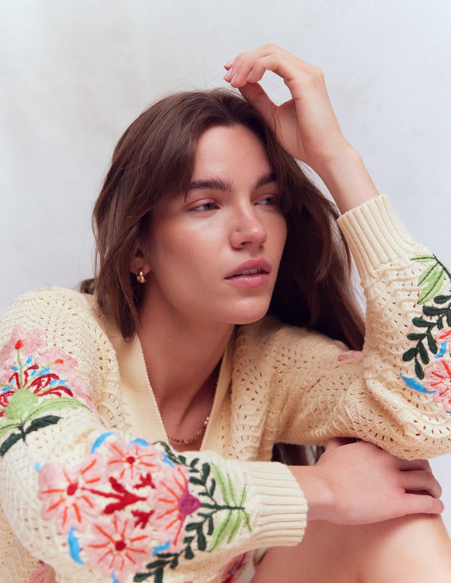 Relaxed Cotton Stitch Cardigan-Ivory, Embroidery