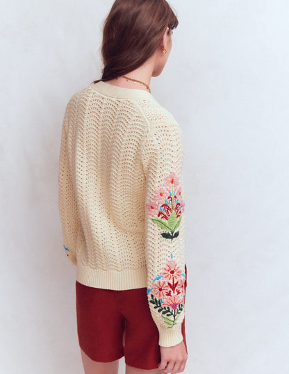 Relaxed Cotton Stitch Cardigan-Ivory, Embroidery