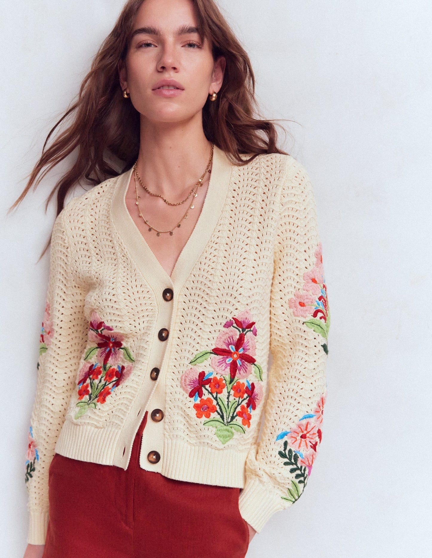 Relaxed Cotton Stitch Cardigan-Ivory, Embroidery