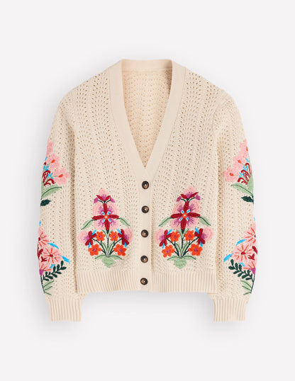 Relaxed Cotton Stitch Cardigan-Ivory, Embroidery