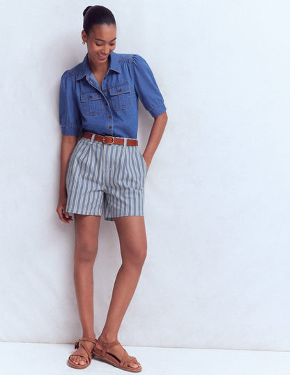 Pleat Front Denim Shorts-Stripe