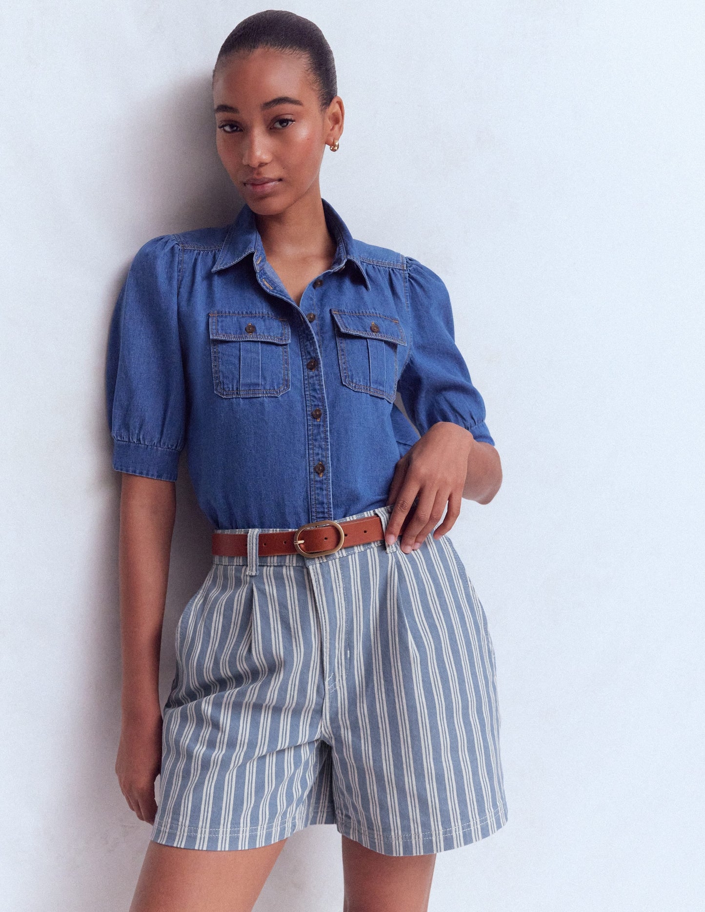 Pleat Front Denim Shorts-Stripe