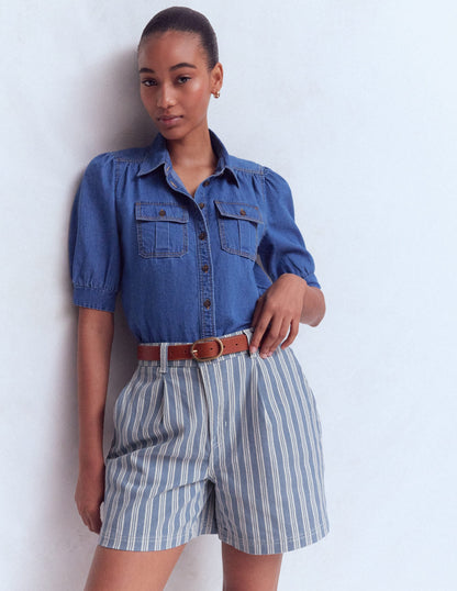Pleat Front Denim Shorts-Stripe