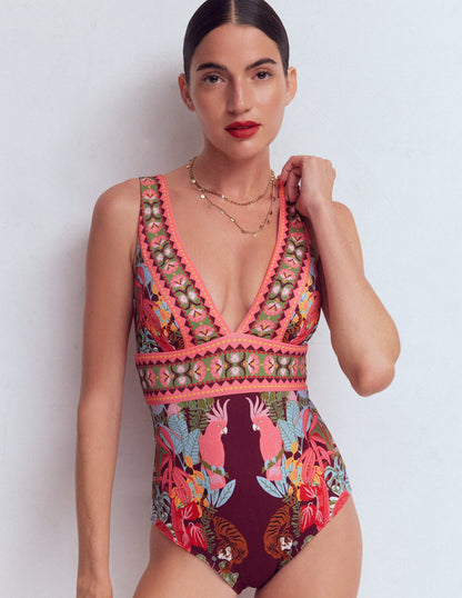 Porto V-neck Swimsuit-Chocberry, Tropical Safari