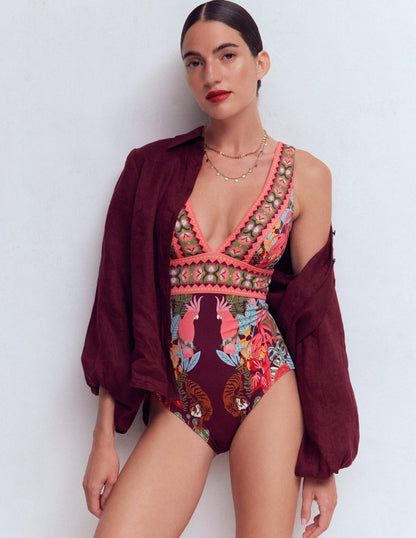 Porto V-neck Swimsuit-Chocberry, Tropical Safari