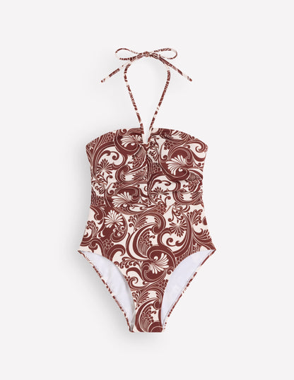 Gather String Swimsuit-Hot Chocolate, Foliage Whirl