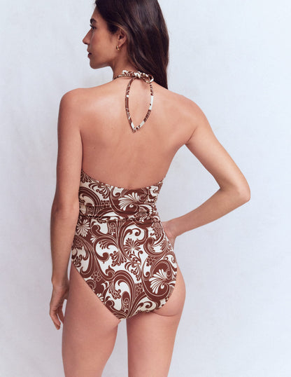 Gather String Swimsuit-Hot Chocolate, Foliage Whirl