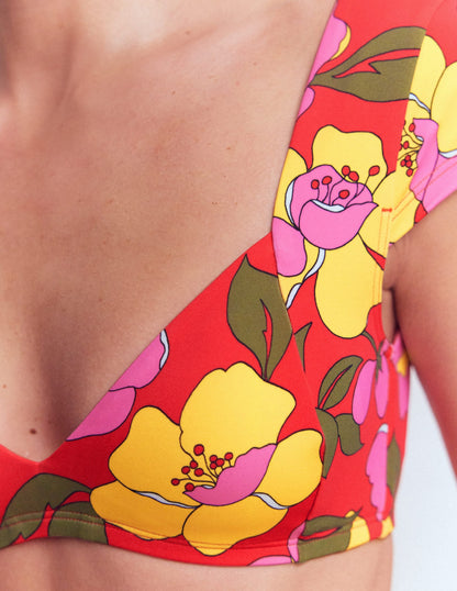 Sweetheart Sleeve Bikini Top-Red, Radiant Bloom