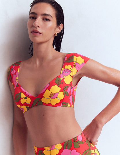 Sweetheart Sleeve Bikini Top-Red, Radiant Bloom