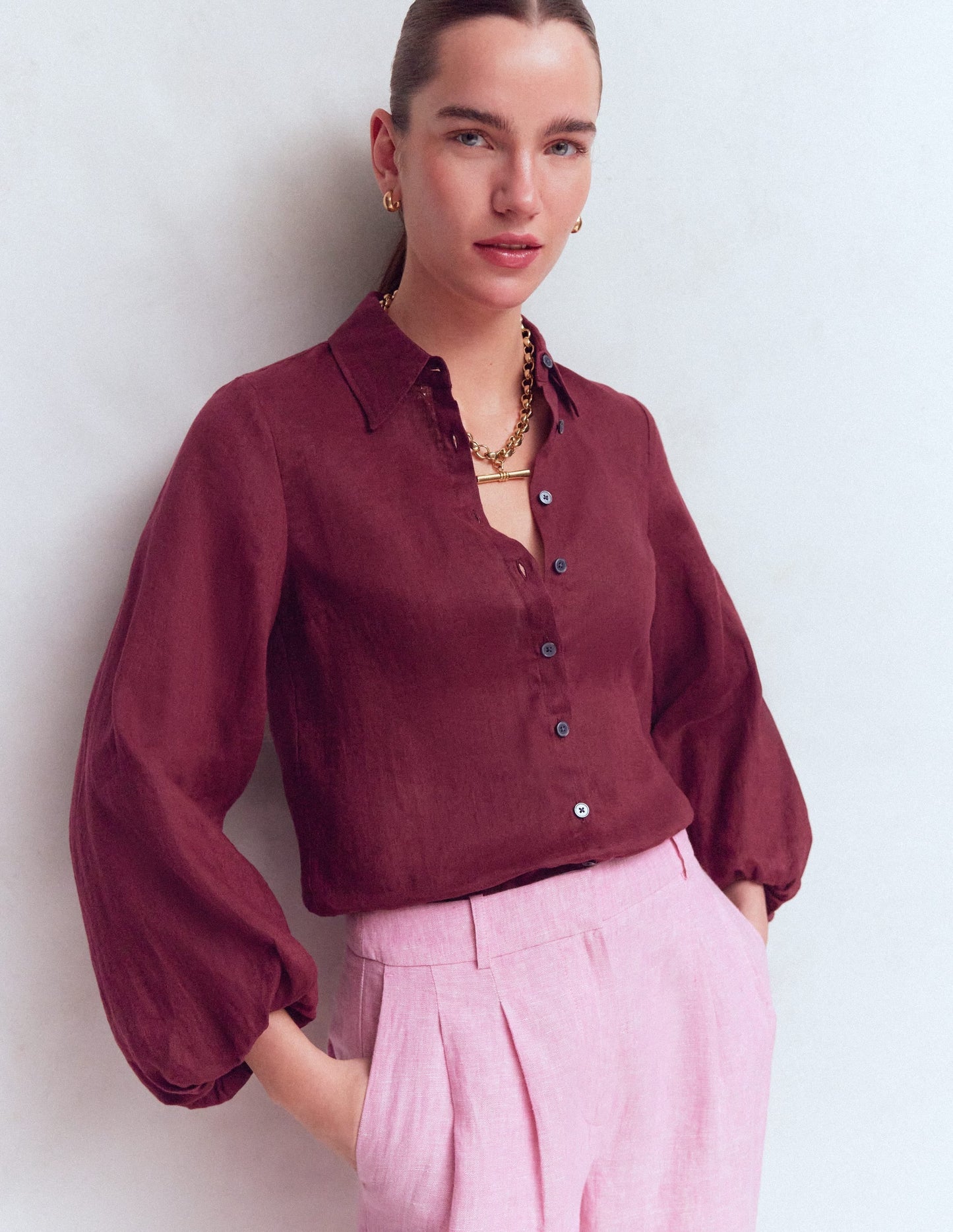 Puff Sleeve Linen Shirt-Deep Wisteria